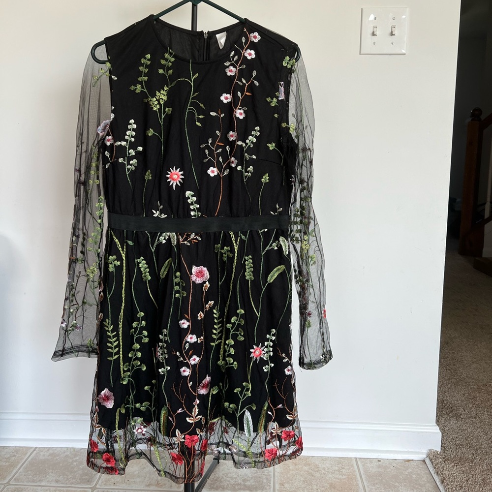 Multi color sheer sleeve embroidered dress